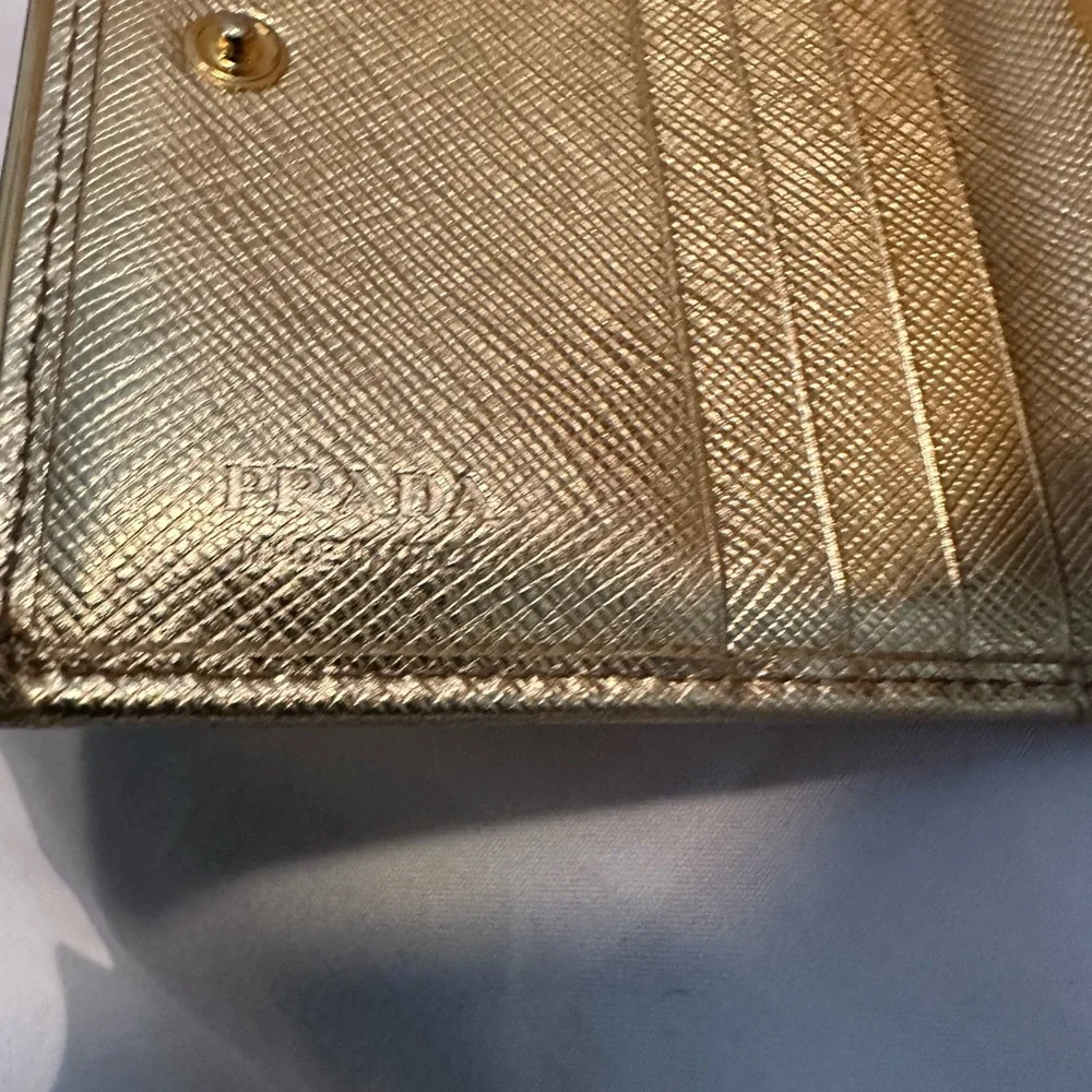 Authentic PRADA Gold Genuine Saffiano Leather Compact Wallet Pre-owned